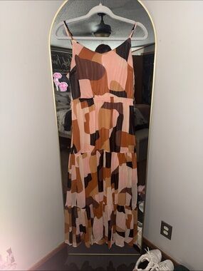Anne Klein Abstract Colorblock Tiered Maxi Dress in Pink & Brown